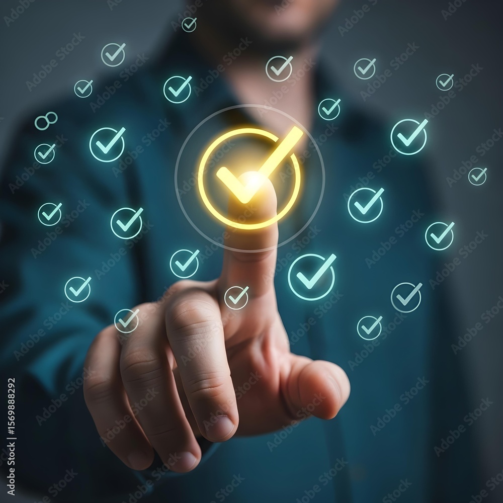 Aufkleber man selecting a glowing check mark on a digital interface