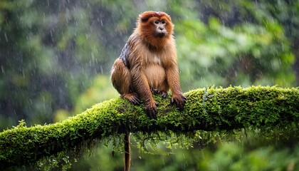 monkey sits on a moss covered branch in a rainforest during a rain shower generative ai