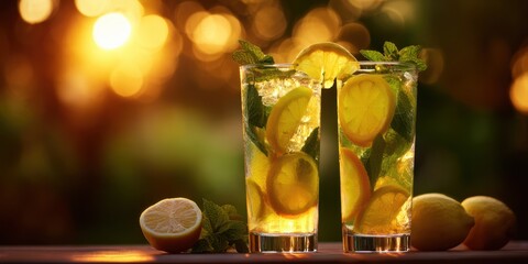 The refreshing lemonade cocktails with mint and lemon in sunlight.