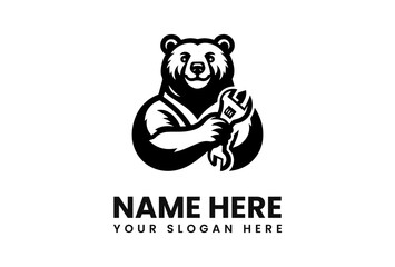 Black and white logo of a bear holding a wrench, with space for a name and slogan below.
