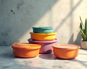 Stack of colorful reusable food containers, showcasing organization, sustainability and culinary storage solutions