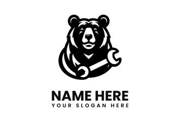A black and white logo of a bear holding a wrench. The text 