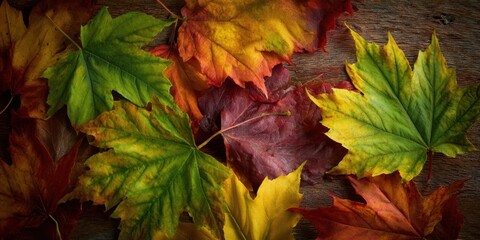 The vibrant colors of autumn leaves arranged beautifully on a wooden surface.