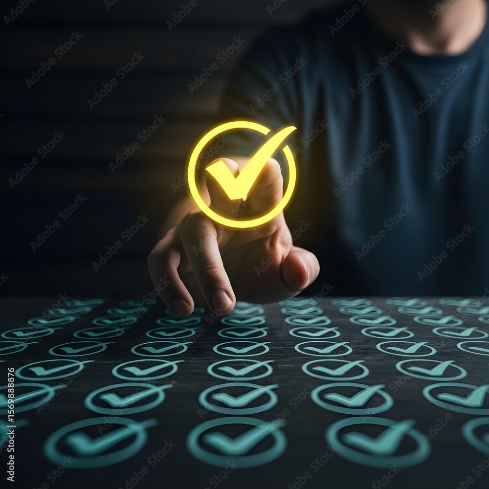 Aufkleber man selecting a glowing check mark on a digital surface