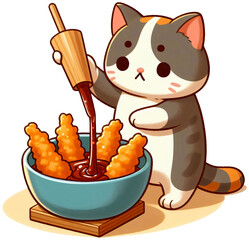 A cat dipping tempura into sauce with concentration