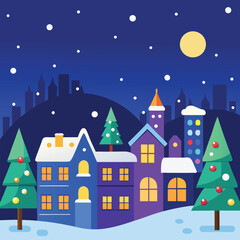 Christmas night winter landscape with houses and a festive city scene under a snowy sky