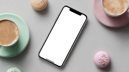 Smartphone displaying social media feed, surrounded by coffee and pastries