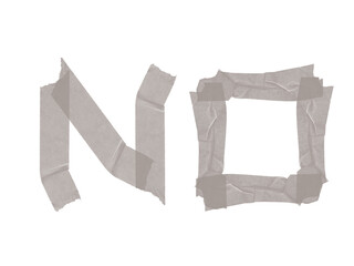 Creative refusal concept showing the word 'NO' made of masking tape pieces on a stark black...