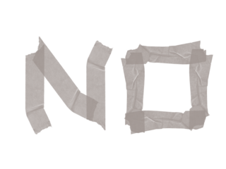 Creative refusal concept showing the word 'NO' made of masking tape pieces on a stark black backdrop for graphic designs, transparent background