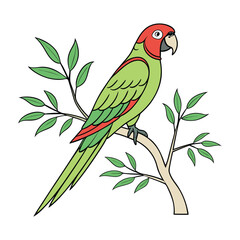 A vibrant, exotic red and green parrot perches on a branch in a colorful vector illustration