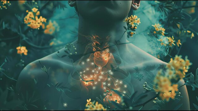 High-detail medical visualization of inflamed airway networks in the chest region during an acute asthma attack triggered by environmental allergens