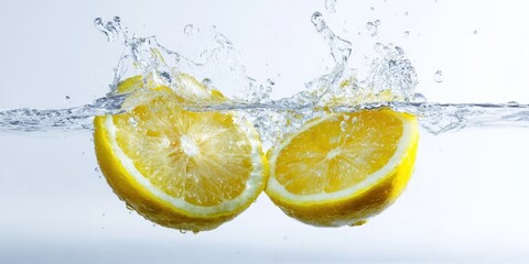 The vibrant lemons splashing gracefully in crystal-clear water.