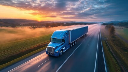 Blue semi-truck on highway at sunrise.  Misty landscape