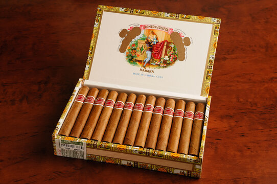 Box of Cuban Cigars made in Cuba by Romeo y Julieta a prestigious cigar brand. May 02, 2025, United Kingdom