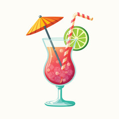 Glass of red yellow cocktail with straw, umbrella, lemon and ice on white background. Summer time concept . Poster, Banner, Flyer, Greeting Card. Vector illustration in flat cartoon style