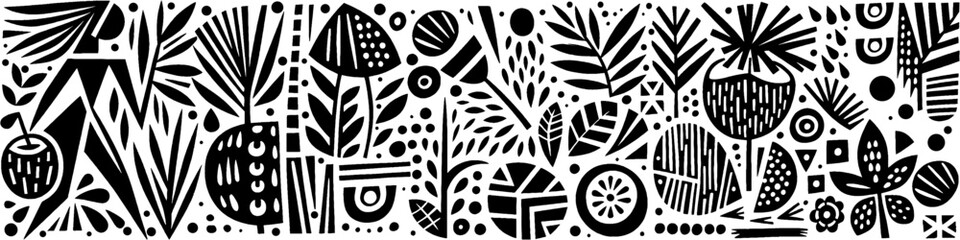 Hand‑Drawn Coconut Fruit and Woman Illustration, Tribal Tropical Folk Art Pattern Vector for Nature and Island Life Theme Designs