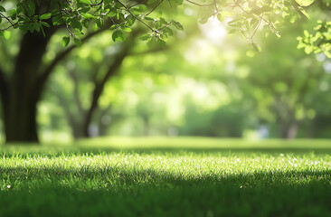 Beautiful blurred background of a natural spring green park with trees and grass on a sunny day. Blurred bokeh. Abstract summer nature landscape. Hazy and defocused. 