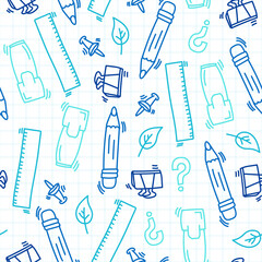 Doodle hand drawn seamless pattern from school stationery