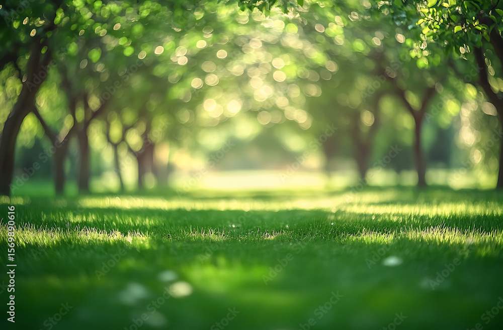 Poster beautiful blurred background of a natural spring green park with trees and grass on a sunny day. blu
