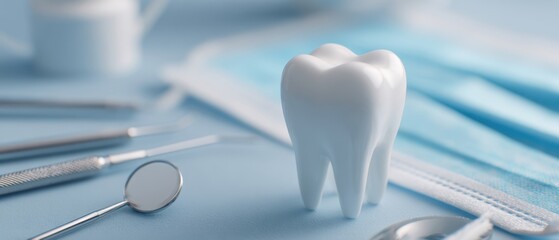 The detailed view of a tooth model surrounded by dental instruments and a mask.
