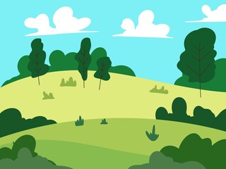 Obraz premium View of green fields, forests and mountains, illustration wallpaper