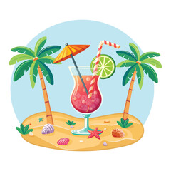 Colorful cocktail with straw, umbrella and lime on the beach with palm trees on white background. Hello Summer concept. Poster, Banner, Flyer, Greeting Card. Vector illustration in flat cartoon style