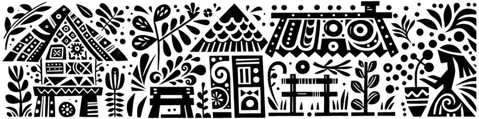 Fototapeta premium Hand‑Drawn Girl and Village House Illustration, Tribal Cultural Folk Art Pattern Vector for Heritage and Countryside Adventure Themes Design