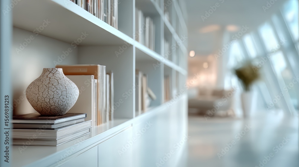 Poster white bookshelf with a white vase on top of it. the vase is empty and the bookshelf is filled with b