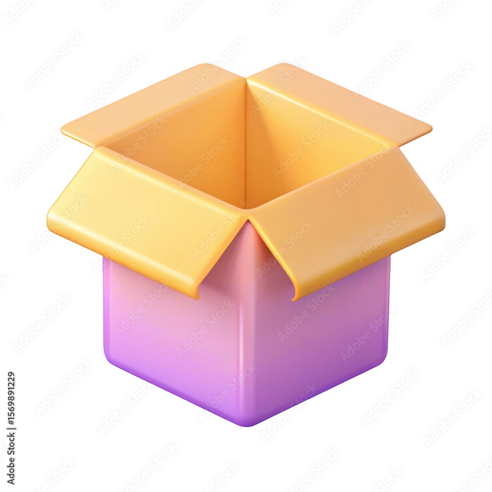 Poster 3d open cardboard box with gradient colors isolated on transparent background