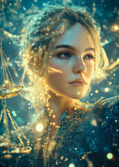 A beautiful woman embodying the zodiac sign of Libra, the scales, justice fantasy image