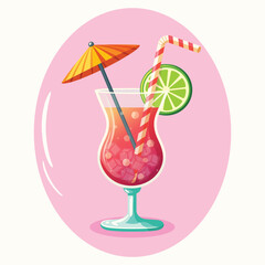 Glass of red yellow cocktail with straw, umbrella, lemon and ice on white background. Summer time concept . Poster, Banner, Flyer, Greeting Card. Vector illustration in flat cartoon style