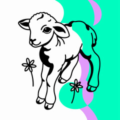 Cute Lamb Illustration: Black and White Baby Sheep with Flowers