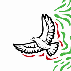 Black and White Dove in Flight, Abstract Green Red Background