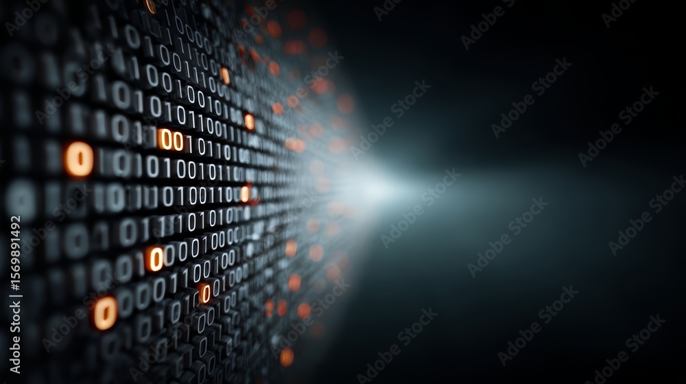 Poster black and white image of a series of binary numbers with a bright orange line in the middle