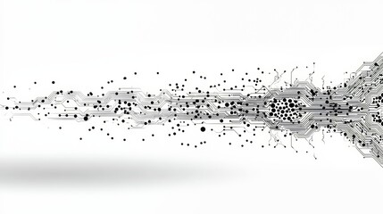 Black and white image of a computer chip with a white background. The image is abstract and has a sense of chaos and disarray. The computer chip appears to be broken and scattered