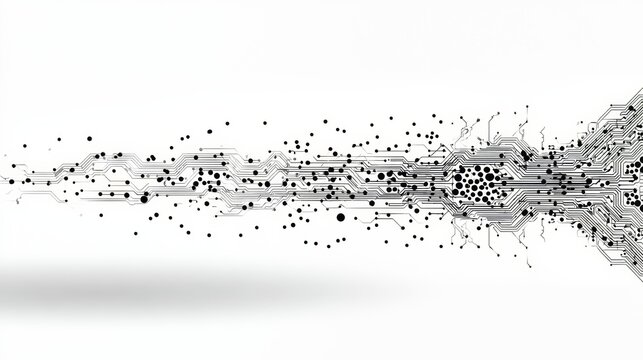 Black and white image of a computer chip with a white background. The image is abstract and has a sense of chaos and disarray. The computer chip appears to be broken and scattered