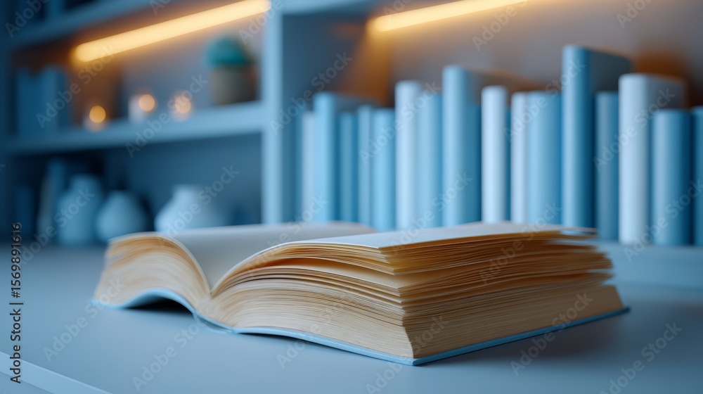 Poster book is open on a table with a blue background. the book is on a shelf with other books