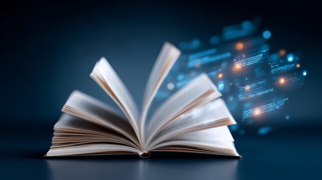 Book is open to a page with a lot of numbers and letters. The book is on a table and the numbers and letters are glowing
