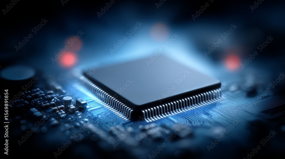 Poster close up of a computer chip. the chip is blue and silver and has a red dot on it