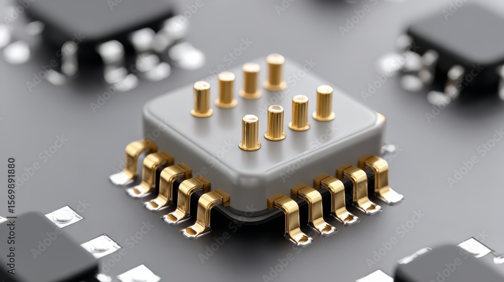 Poster close up of a computer chip with gold pins on it. concept of precision and sophistication, as the go