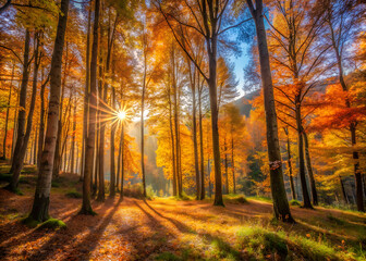 Obraz premium Autumn sunlight through thin trees, minimal composition generative ai