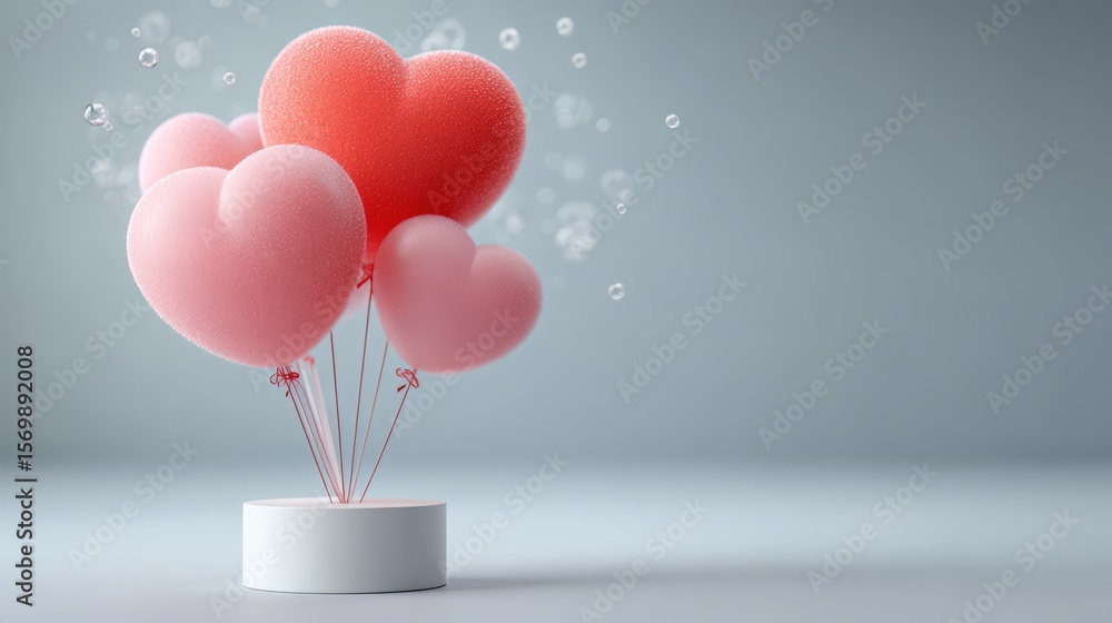 Poster cluster of red balloons with hearts on them is floating above a white pedestal. the balloons are arr