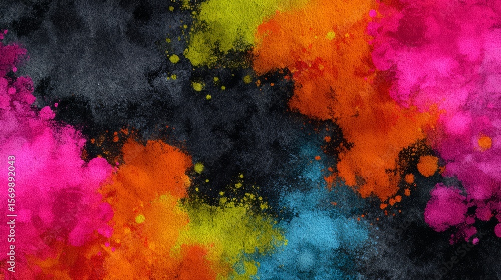 Poster colorful background with black and orange splatters. the splatters are of different colors and sizes