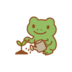 Cute cartoon frog watering a seedling