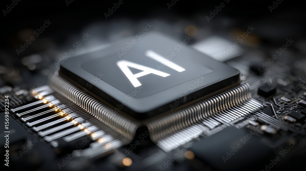 Poster computer chip with the word ai on it. the chip is black and white. the image has a futuristic feel t