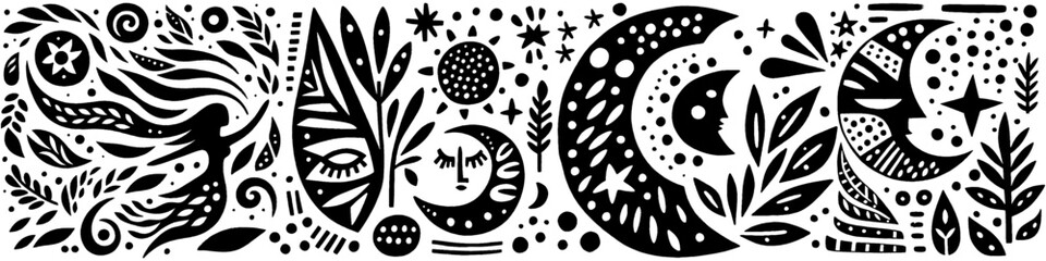 Fototapeta premium Hand‑Drawn Woman and Crescent Illustration, Tribal Celestial Folk Art Pattern Vector for Mystical and Feminine Theme Designs