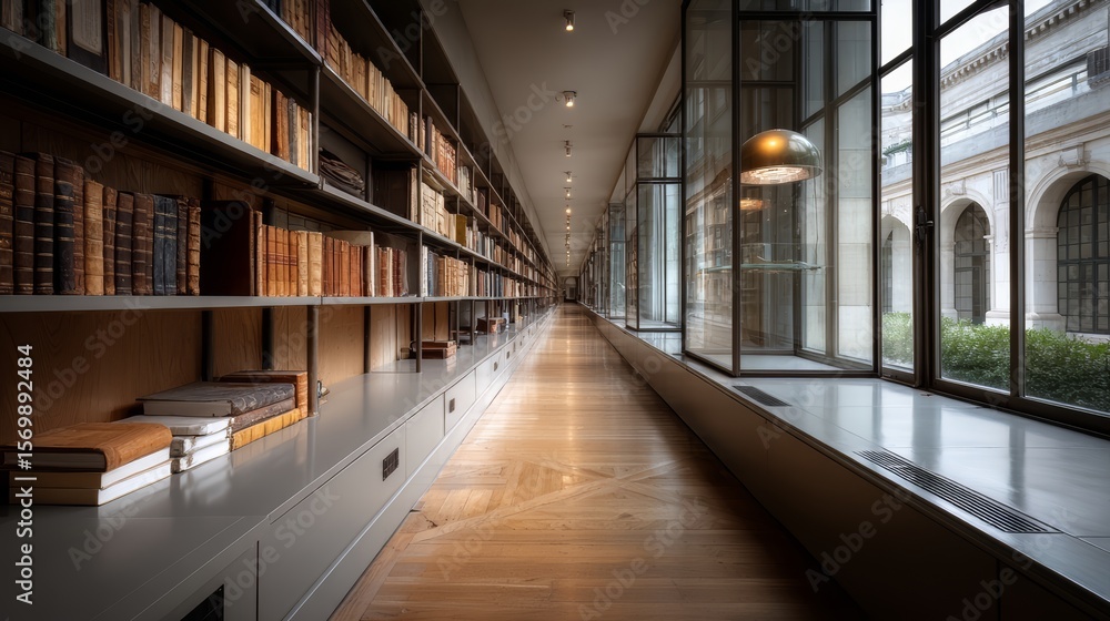 Poster long hallway with a row of bookshelves and a window. the bookshelves are filled with books of variou