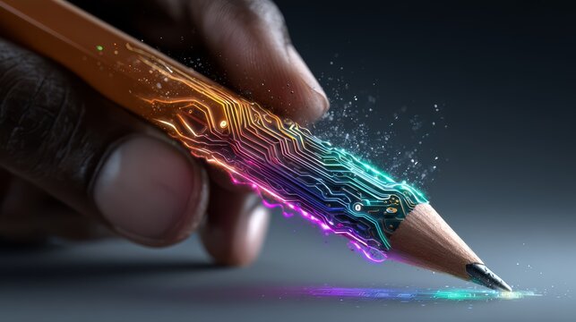 Person is holding a pencil with a rainbow colored tip. The pencil is on a grey surface