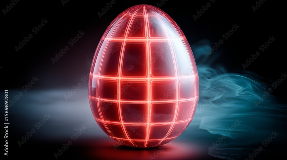 Poster red egg with a grid pattern on it. the egg is lit up and surrounded by smoke