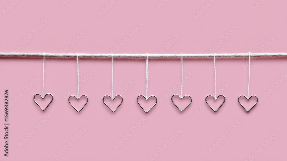 Poster row of heart-shaped paper clips hanging from a string. the heart shapes are all different sizes and 